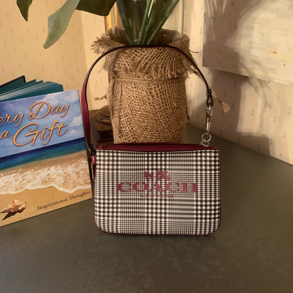 COACH wristlet / mini bag, black plaid vinyl, maroon leather strap and lettering